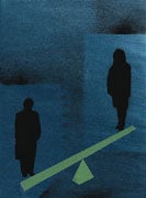 Two silhouette figures stand on opposite ends of a yellow balance beam or seesaw against a dark, abstract background, symbolizing balance or equality.