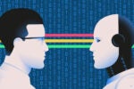 A human and a robot face each other with binary code in the background, connected by colorful lines, symbolizing human-AI interaction.